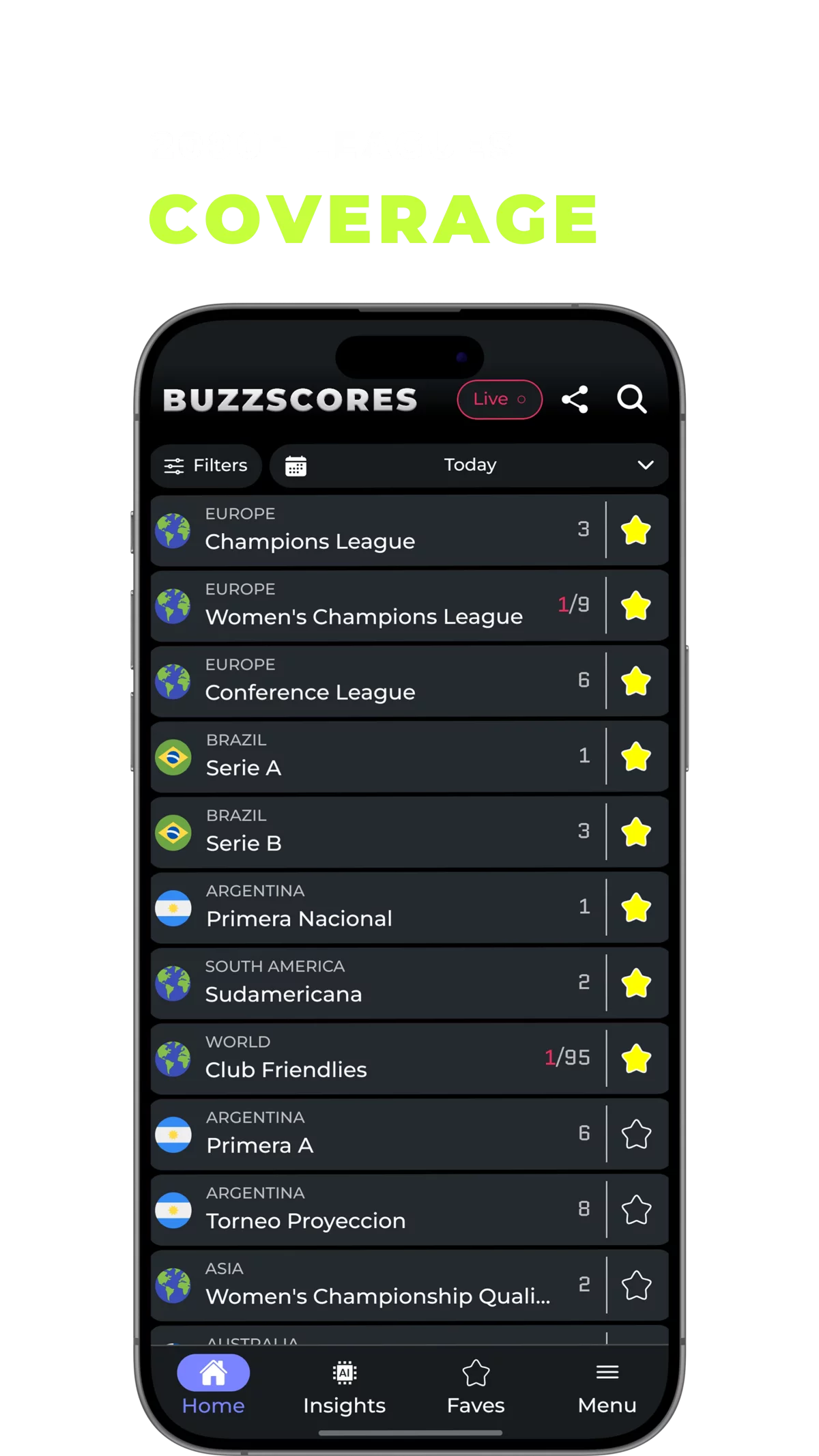 BuzzScores live match screen with real-time football scores